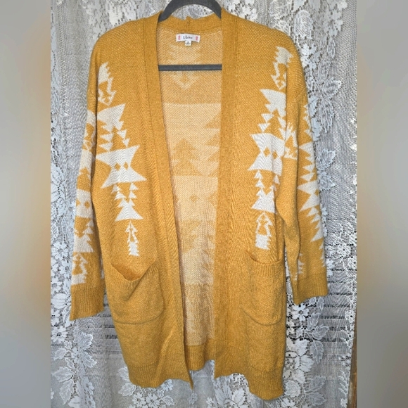 L Love Sweaters - L Love Mustard Yellow Cardigan Sweater, Aztec, Long Sleeve, Small